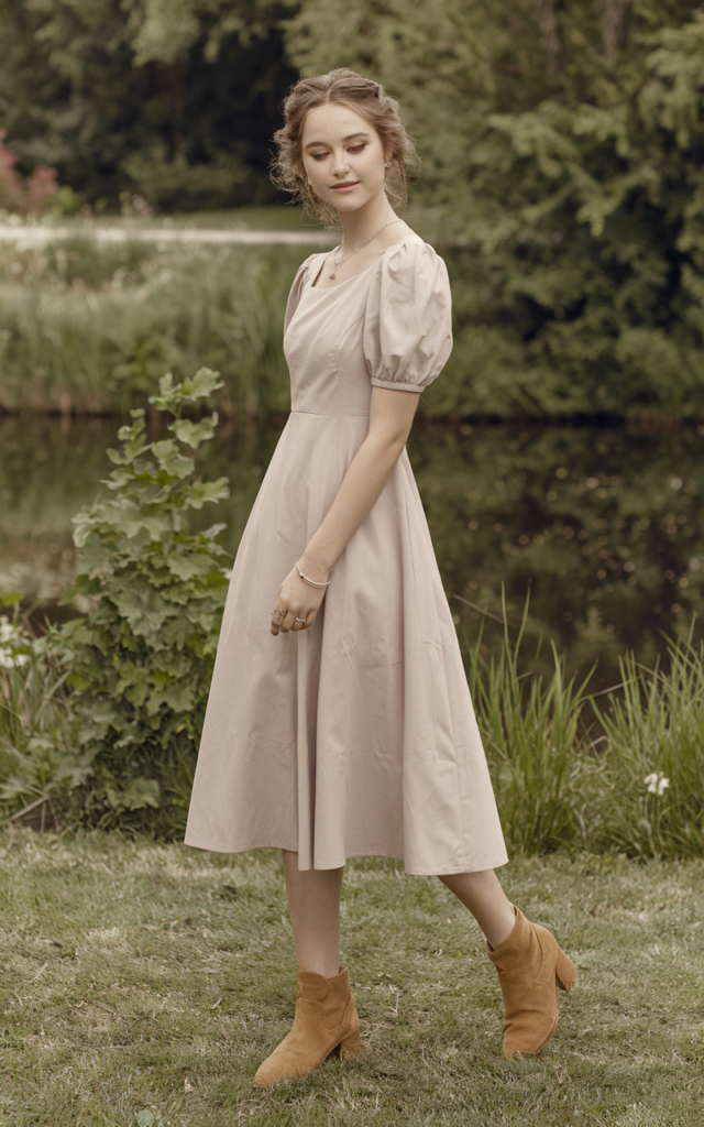 A natural-looking young beautiful woman wearing a knee-length puff-sleeve pastel dress paired with tan suede ankle boots, subtle jewelry, and softly curled hair.
