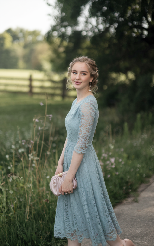A natural-looking young beautiful woman wearing a dusty blue lace midi dress with nude pumps, a soft clutch purse, delicate earrings, glowing makeup, and softly curled hair.