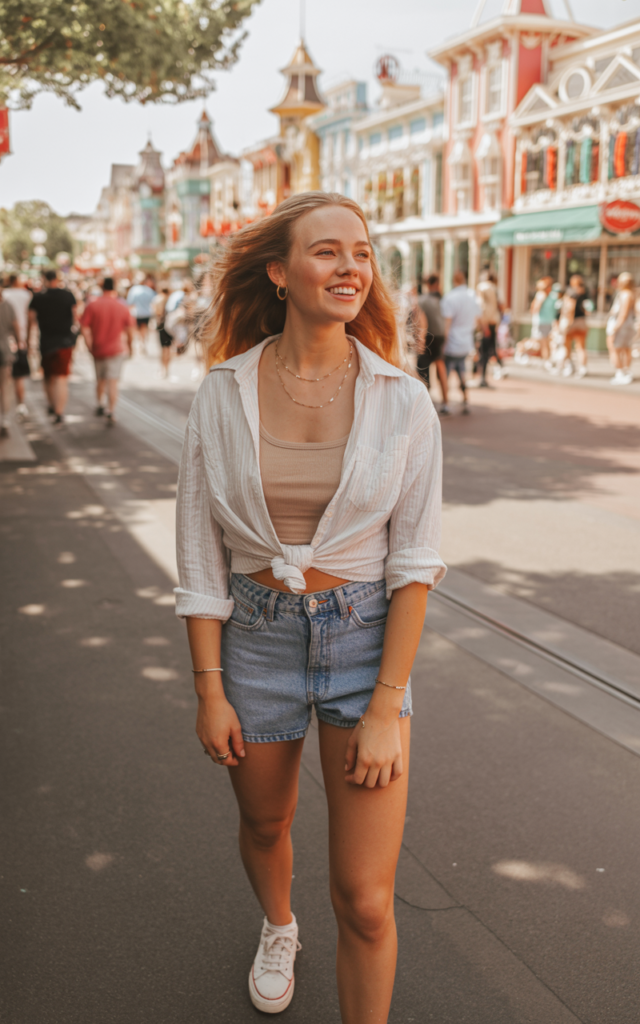 A natural-looking young beautiful woman wearing a lightweight cotton button-down shirt knotted at the waist over a cropped tank top and high-rise shorts, white sneakers, rolled-up sleeves, and subtle layered jewelry at a sunny Disney park.