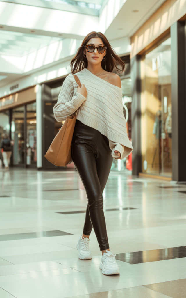 A natural-looking young beautiful woman wearing sleek black faux leather leggings, a cozy oversized cream knit sweater, chunky sneakers, oversized sunglasses, and a large tote bag for a chic cozy mall shopping outfit