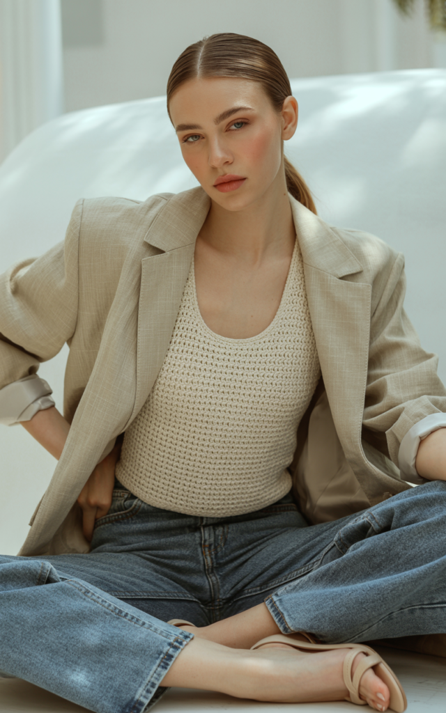 A natural-looking young beautiful woman wearing a fitted crochet tank layered under an oversized oat linen blazer, straight-leg jeans, strappy heels, and a slicked-back ponytail.