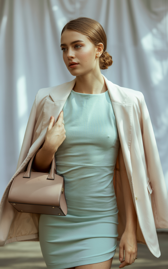 A natural-looking young beautiful woman wearing a fitted mint bodycon dress layered with an oversized neutral blazer, pointed-toe heels, a structured handbag, and hair styled in a sleek low bun.