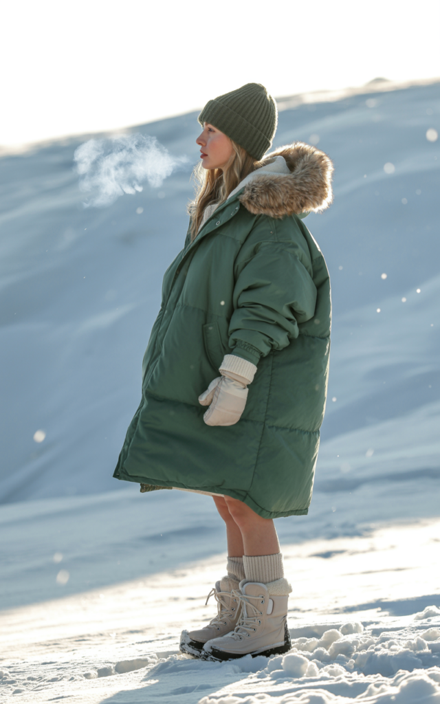 A natural-looking young beautiful woman wearing an oversized insulated winter parka layered over a thermal base layer set with thick wool socks, waterproof snow boots, and a cozy knit hat on a snowy hill.