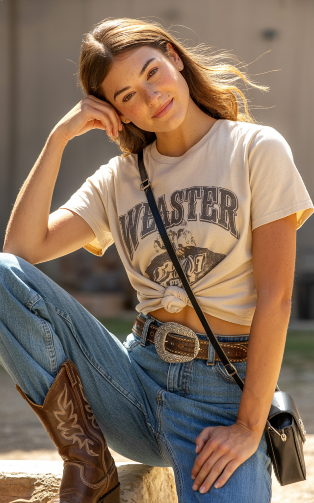 A natural-looking young beautiful woman wearing a vintage-style Western graphic tee knotted at the waist, bootcut jeans, statement belt hardware, cowboy boots, and a crossbody bag.
