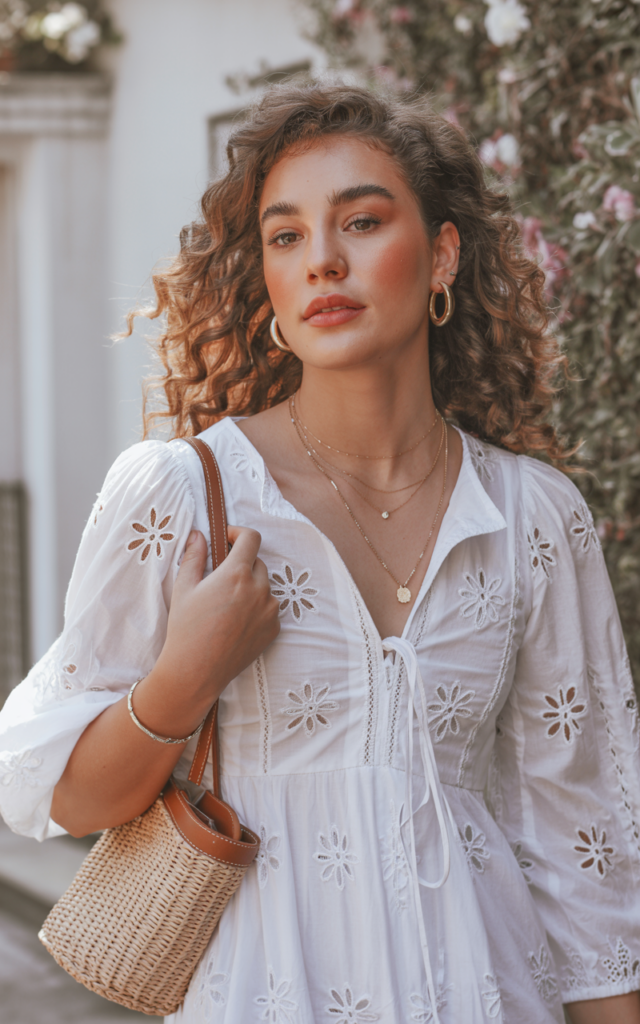 A natural-looking young beautiful woman wearing a breezy white eyelet dress with embroidered cutouts, espadrille wedges, delicate gold jewelry, and a small woven handbag, styled with loose curls and soft glowing makeup for a romantic graduation style