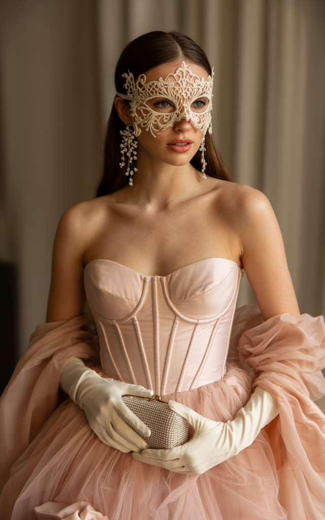 A natural-looking young beautiful woman wearing a blush corset-style gown with a structured bodice and layered tulle skirt, a delicate lace filigree masquerade mask, statement earrings, neutral heels, and holding a compact clutch.