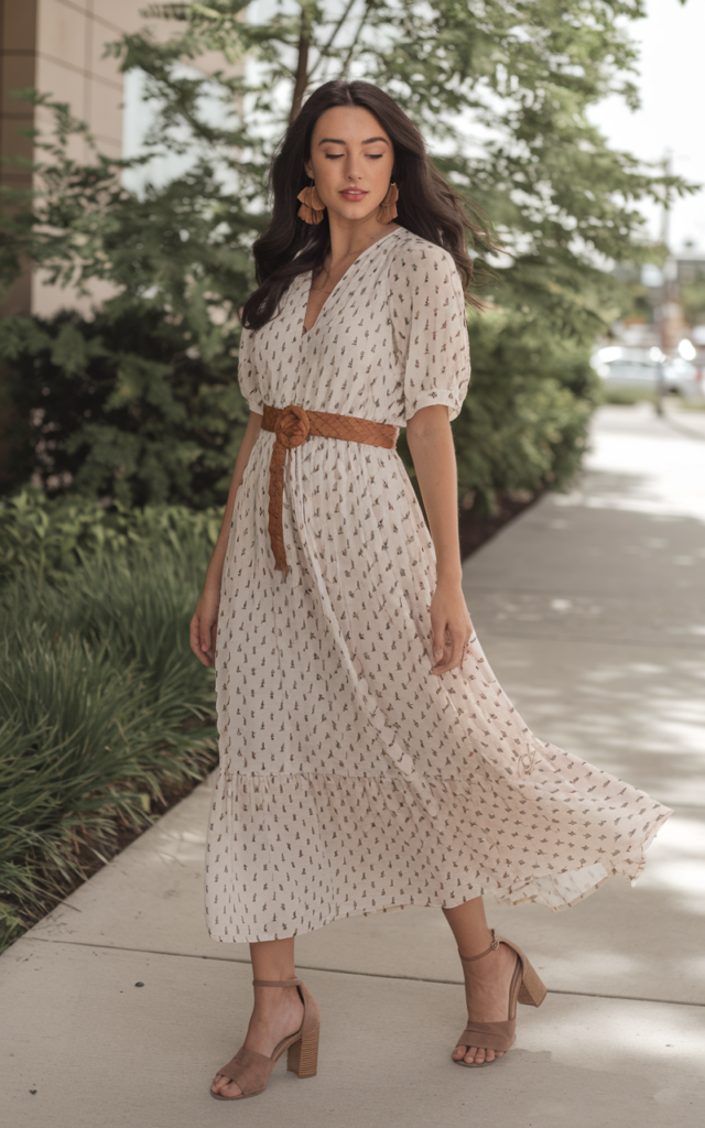 A natural-looking young beautiful woman wearing a flowy cotton voile maxi dress cinched with a woven leather belt at the waist, block heels, statement earrings, and loose spring-ready waves.