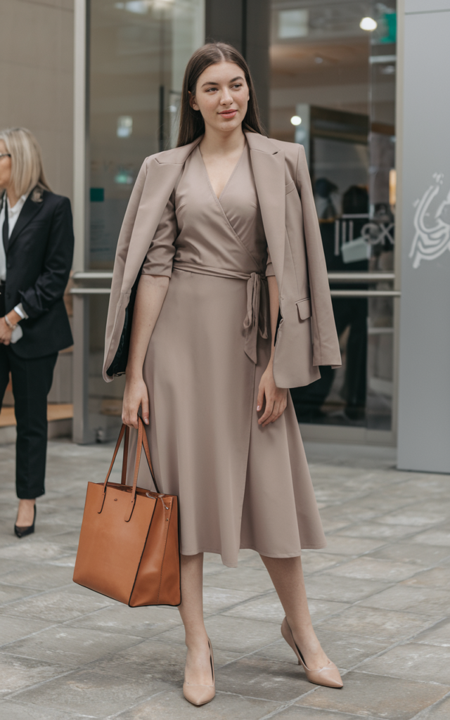 A natural-looking young beautiful woman wearing a modest midi wrap dress layered with a tailored blazer, neutral heels, and a structured leather tote bag for an elegant career fair outfit.