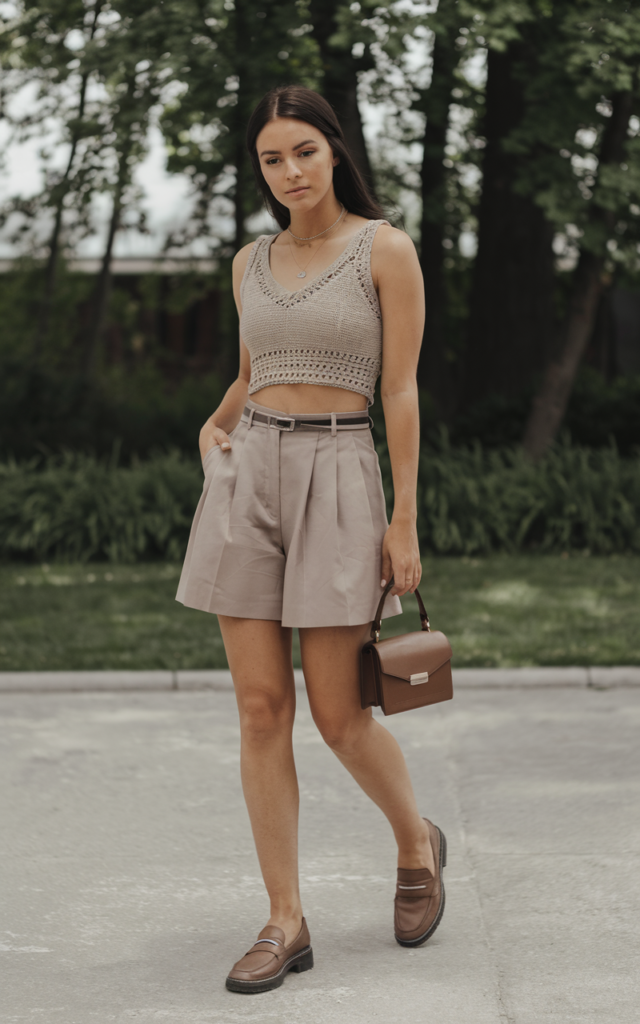 A natural-looking young beautiful woman wearing a fitted crochet crop top styled with structured pleated tailored shorts, sleek loafers, a slim belt, and a structured mini handbag.