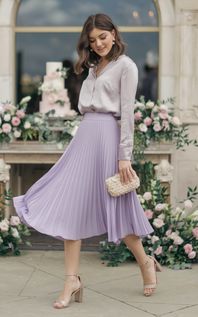 A natural-looking young beautiful woman wearing a flowy pleated midi skirt in soft lavender paired with a tucked silk blouse, slingback heels, pearl earrings, and a small clutch bag, styled with soft romantic waves for a spring wedding guest outfit