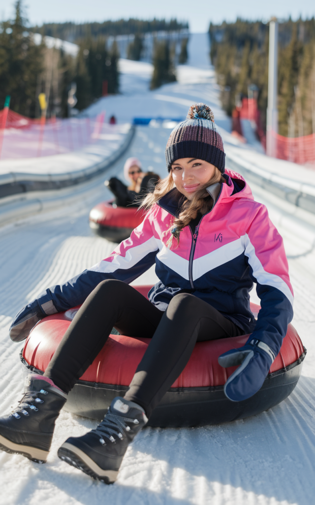 A natural-looking young beautiful woman wearing a vibrant color-block ski jacket in pink, white, and navy paired with black fleece-lined leggings, waterproof snow boots, mittens, and a pom-pom beanie on a snowy tubing slope.