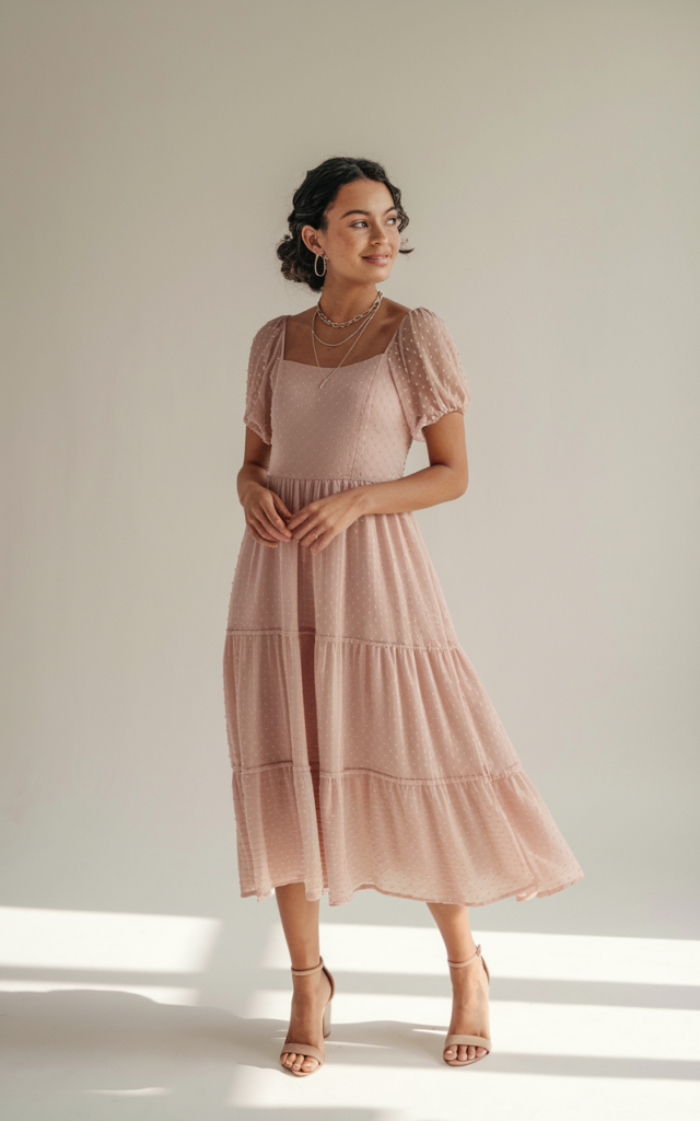 A natural-looking young beautiful woman wearing a blush tiered chiffon dress with simple heels, layered delicate necklaces, soft curls, and a feminine half-up hairstyle.