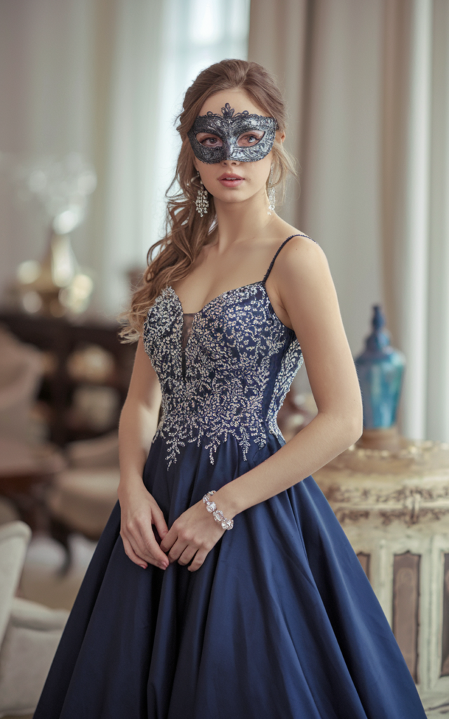 A natural-looking young beautiful woman wearing a midnight blue floor-length gown with silver beaded embellishments along the bodice, a silver-toned masquerade mask, crystal earrings, a loose half-up hairstyle, and silver heels.
