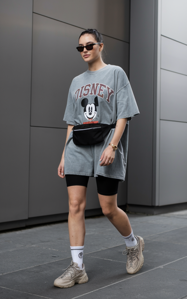 A natural-looking young beautiful woman wearing biker shorts under an oversized Disney tee, chunky sneakers with crew socks, a sleek belt bag worn across her chest, and sporty sunglasses, styled for a casual active day at Disney.