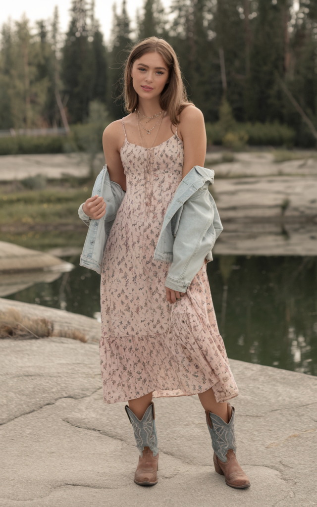 A natural-looking young beautiful woman wearing a midi-length floral prairie dress paired with distressed leather cowboy boots, layered necklaces, and a light denim jacket draped over her shoulders.