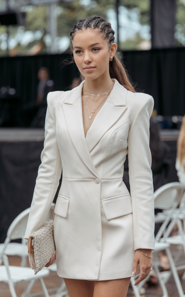 A natural-looking young beautiful woman wearing a tailored white blazer dress with structured shoulders, pointed-toe pumps, delicate layered jewelry, and a textured clutch, styled with a sleek low ponytail for a powerful modern graduation outfit
