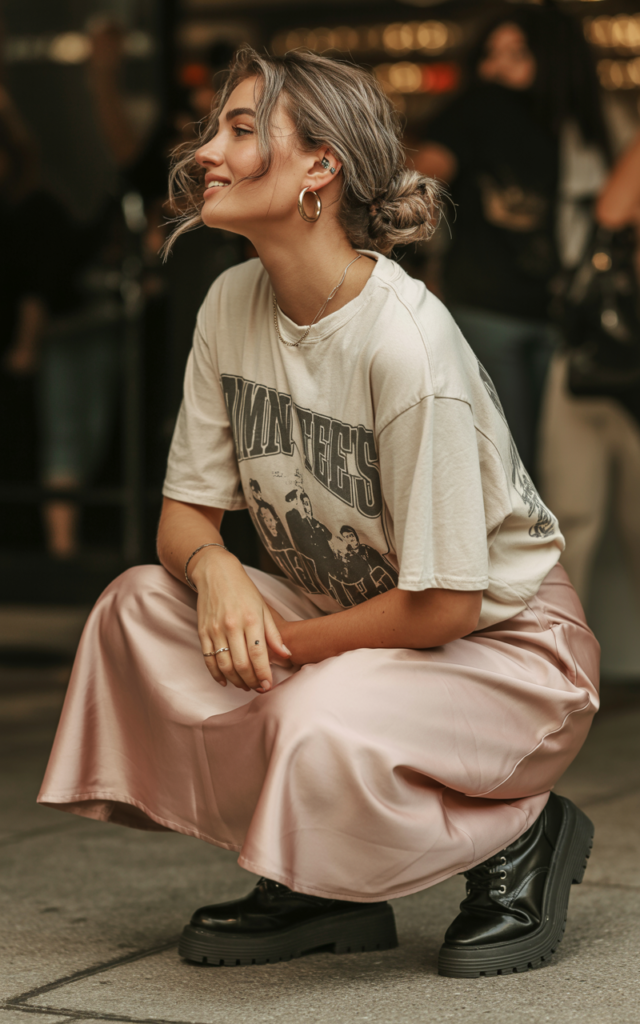 A natural-looking young beautiful woman wearing an oversized graphic band tee half-tucked into a satin midi slip skirt, chunky black boots, cuffed tee sleeves, a messy low bun, and minimal jewelry, styled for a Lauren Spencer Smith concert.