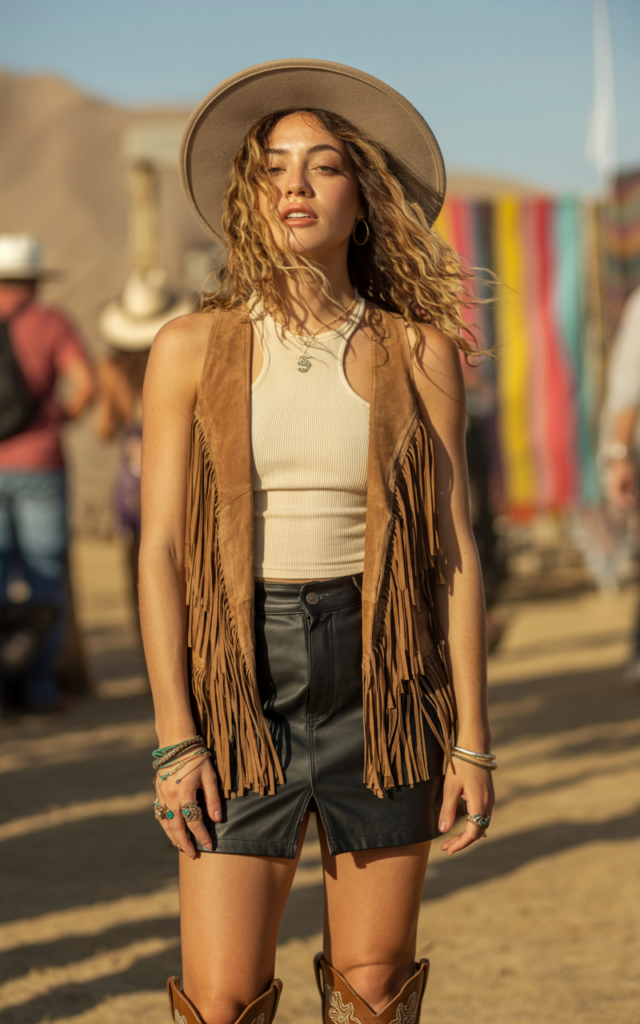 A natural-looking young beautiful woman wearing a suede fringe vest over a fitted ribbed tank top, a high-waisted leather mini skirt, cowboy boots, a wide-brim hat, stacked rings, and loose textured hair at a boho desert music festival.