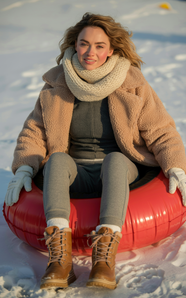 A natural-looking young beautiful woman wearing a plush beige teddy coat layered over a slim thermal long-sleeve top and insulated gray joggers, lace-up snow boots, and a chunky winter scarf while holding a snow tube.