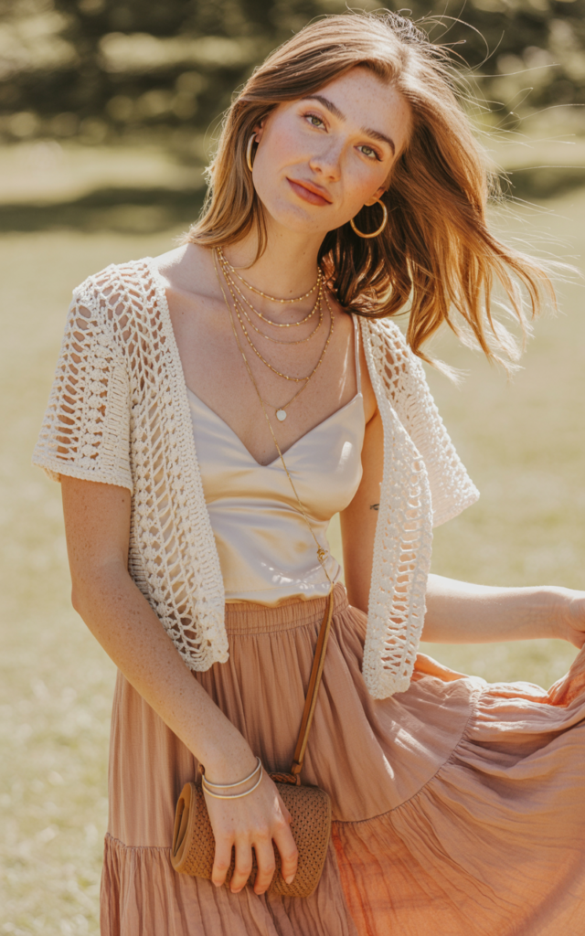 A natural-looking young beautiful woman wearing a semi-sheer crochet top layered over a tonal silky bralette, paired with a flowy maxi skirt, layered necklaces, and strappy sandals with softly tousled hair.