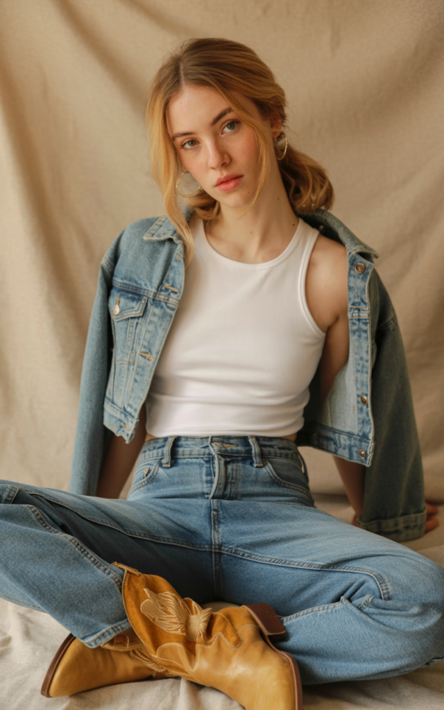 A natural-looking young beautiful woman wearing straight-leg jeans with a fitted tank top layered under a cropped denim jacket in a slightly different wash, tan cowboy boots, and a messy low ponytail.
