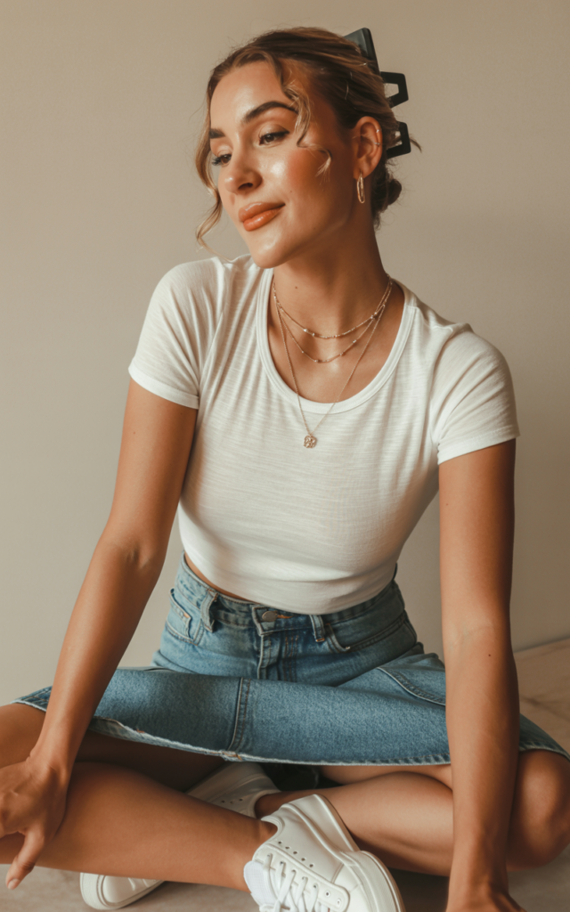 A natural-looking young beautiful woman wearing a high-waisted faded denim mini skirt, a fitted white baby tee, white sneakers, layered gold necklaces, a claw clip hairstyle, and soft glowing makeup.