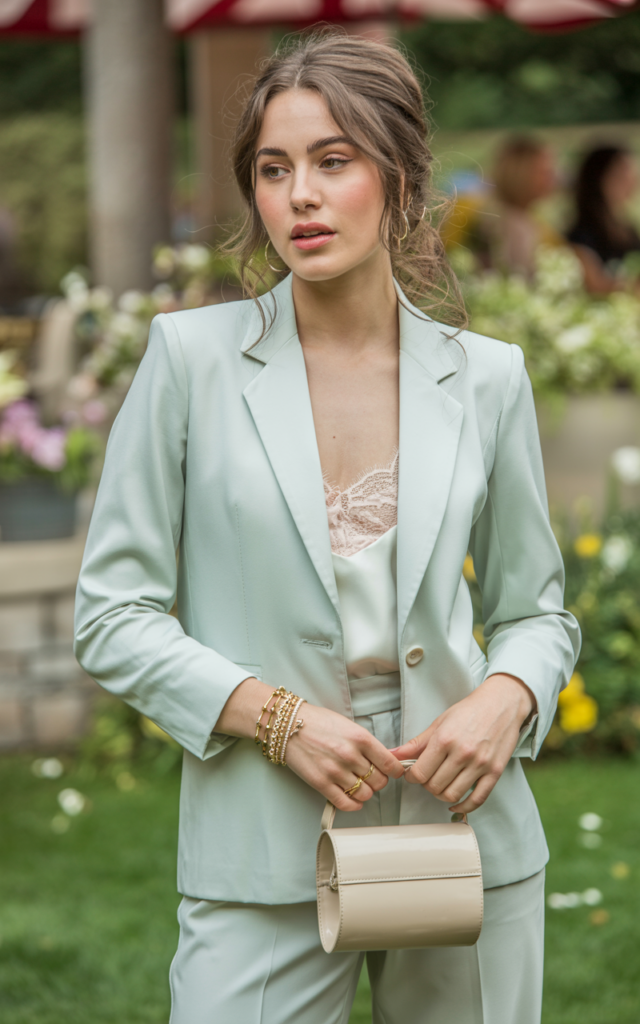 A natural-looking young beautiful woman wearing a pastel mint tailored suit with a fitted blazer and matching trousers, a lace camisole underneath, pointed-toe heels, stacked gold bracelets, and a structured mini handbag for a chic spring wedding guest look