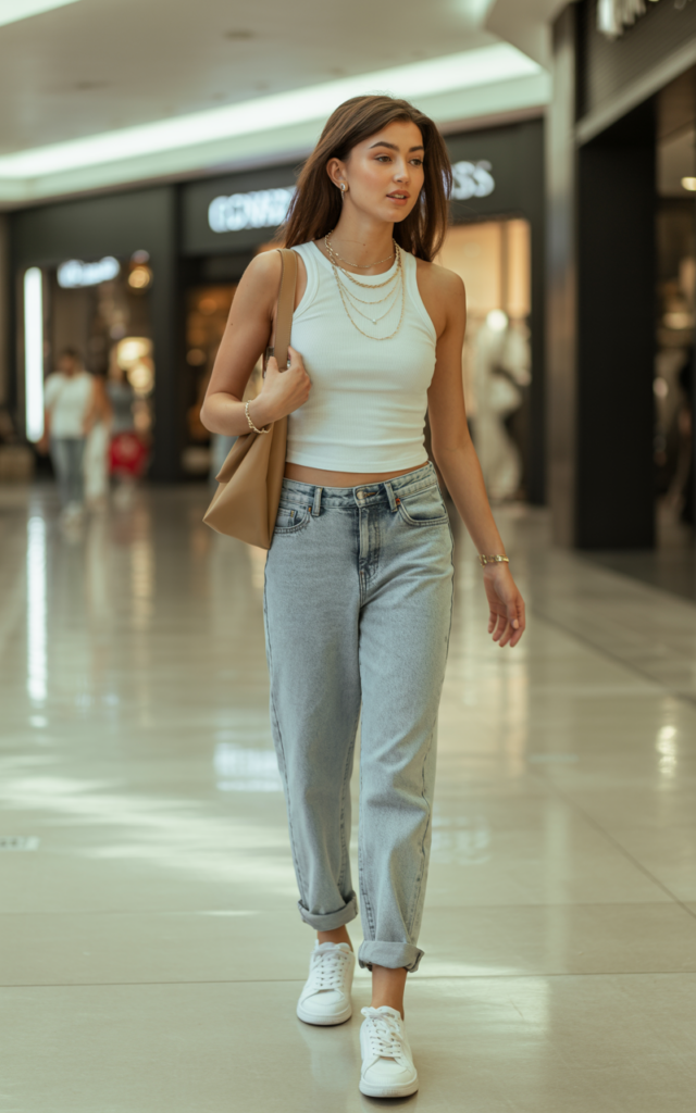A natural-looking young beautiful woman wearing light-wash straight-leg jeans with cuffed hems, a fitted white ribbed tank top tucked in, layered delicate gold necklaces, white sneakers, and a structured shoulder bag for a minimal polished mall look