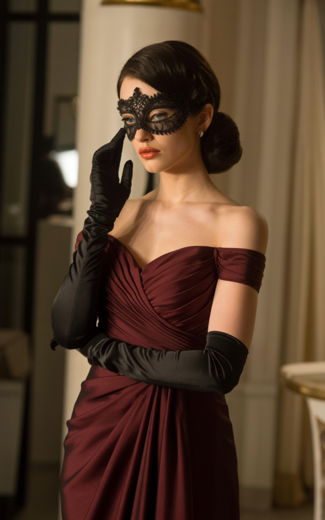 A natural-looking young beautiful woman wearing a burgundy off-shoulder gown with long black opera gloves, a subtle black masquerade mask, vintage-inspired curled hair in a sleek bun style, and pointed-toe heels.