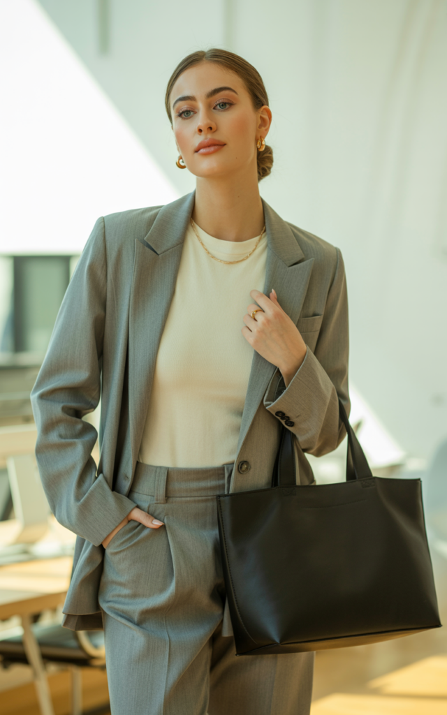A natural-looking young beautiful woman wearing a light gray structured suit with a fitted knit top underneath, sleek loafers, subtle jewelry, and carrying a minimalist tote bag for a modern professional career fair look.