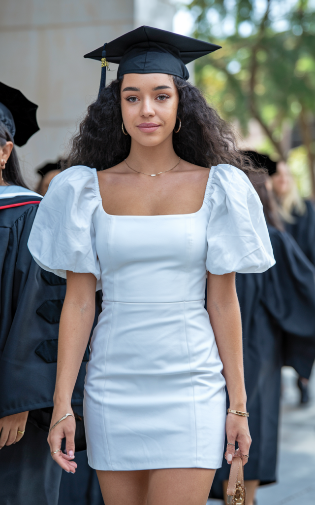A natural-looking young beautiful woman wearing a white puff-sleeve mini dress with a square neckline, block heels, subtle gold jewelry, and a small structured handbag, styled with soft curls for a playful yet polished graduation outfit