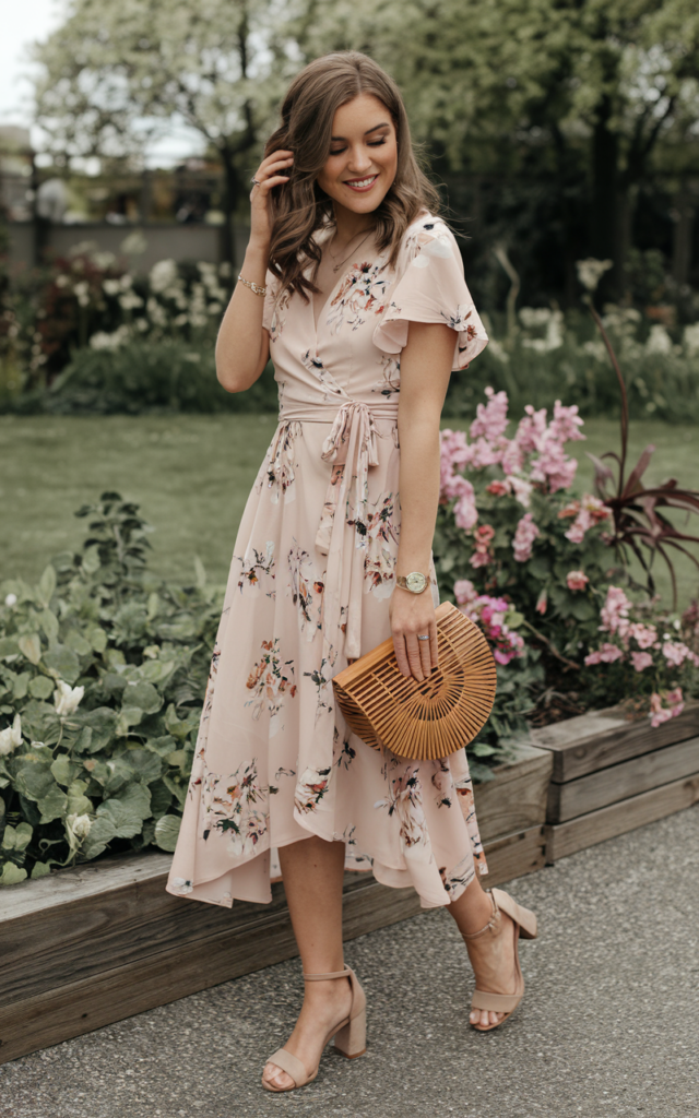 A natural-looking young beautiful woman wearing a blush floral wrap dress cinched at the waist with neutral block heels, a woven clutch bag, delicate jewelry, and softly curled hair, creating a romantic garden spring wedding guest outfit