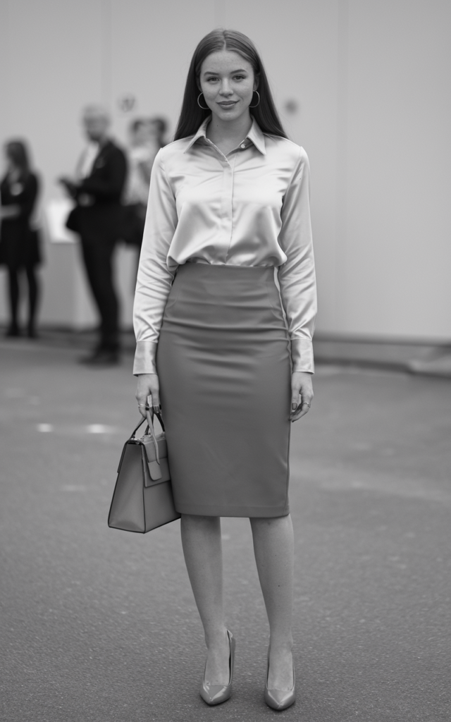 A natural-looking young beautiful woman wearing a silky cream blouse neatly tucked into a knee-length pencil skirt, classic pumps, small hoop earrings, and carrying a structured handbag for a feminine professional career fair outfit.
