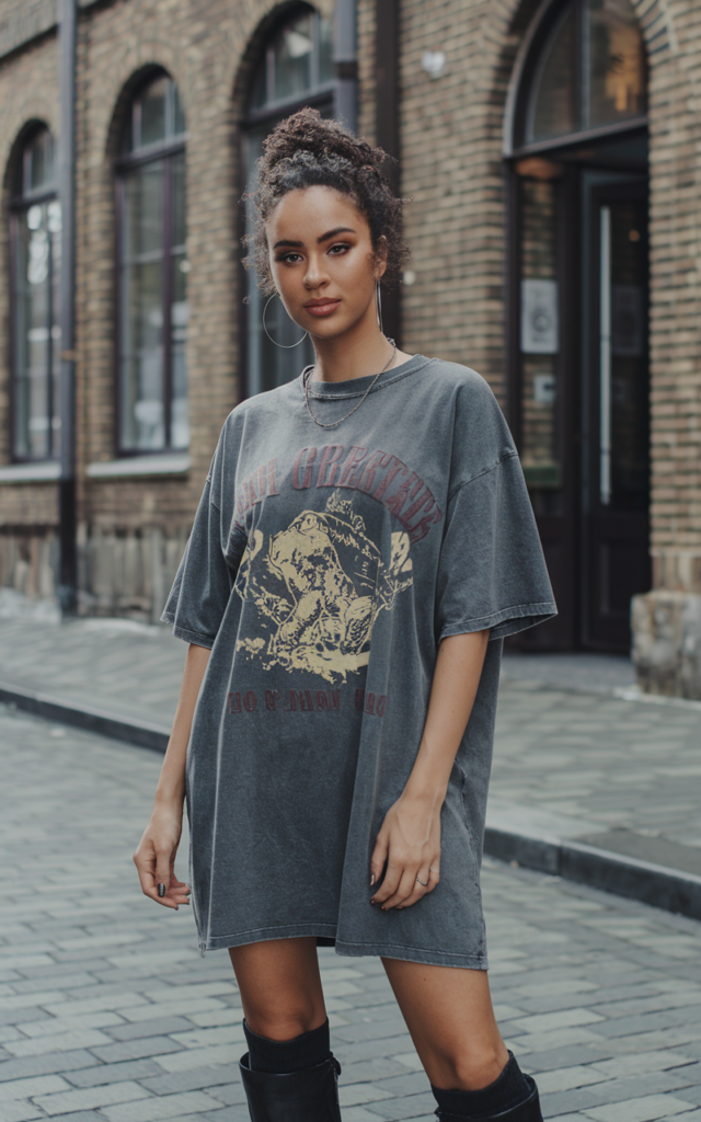 A natural-looking young beautiful woman wearing an oversized vintage graphic tee styled as a mini dress, knee-high boots, large hoop earrings, a messy bun hairstyle, and subtle glossy makeup.