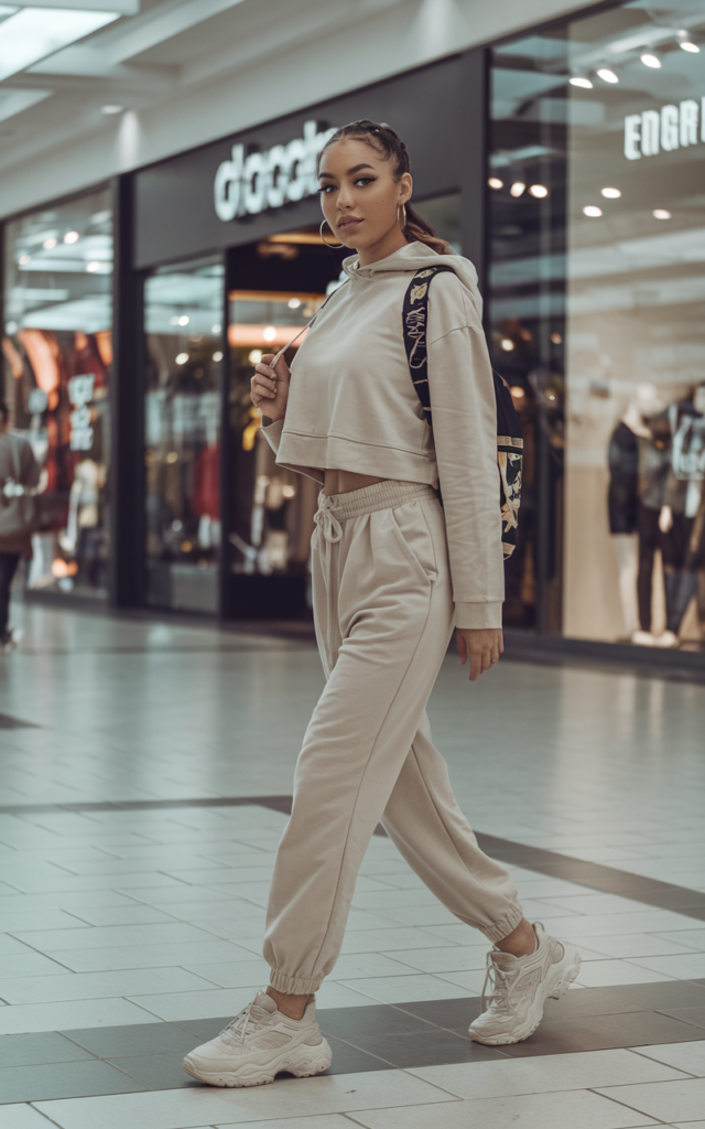 A natural-looking young beautiful woman wearing high-waisted beige joggers, a cropped hoodie, chunky white trainers, small gold hoop earrings, and a mini backpack with soft natural makeup and relaxed hair for a comfortable shopping-day mall outfit