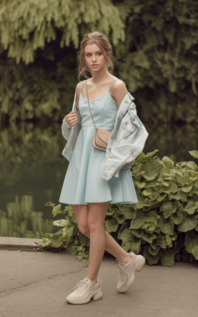 A natural-looking young beautiful woman wearing a pastel mini dress in baby blue paired with crisp white sneakers, a light denim jacket, a small crossbody bag, and natural loose hair for a playful daytime vibe.