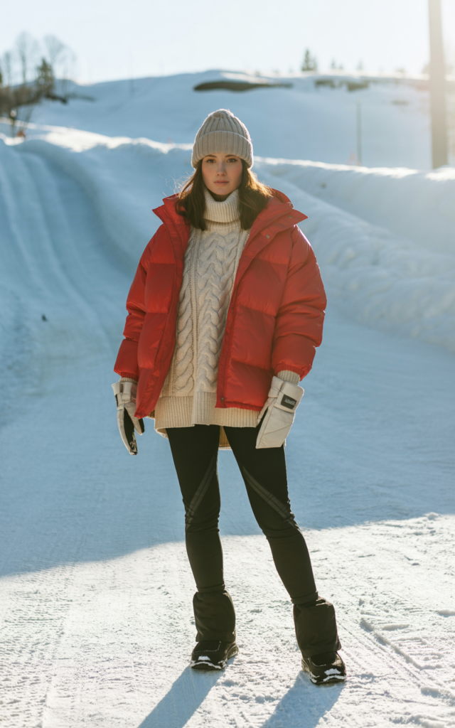 A natural-looking young beautiful woman wearing an oversized red puffer jacket over a chunky cream knit sweater and black thermal-lined leggings, insulated snow boots, a ribbed knit beanie, and touchscreen gloves, standing on a snowy tubing hill.