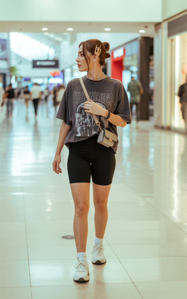 A natural-looking young beautiful woman wearing black biker shorts, an oversized vintage graphic band tee slightly front-tucked, chunky white sneakers, ankle socks, a small crossbody bag, and her hair in a relaxed messy bun with a claw clip for a casual sporty mall outfit