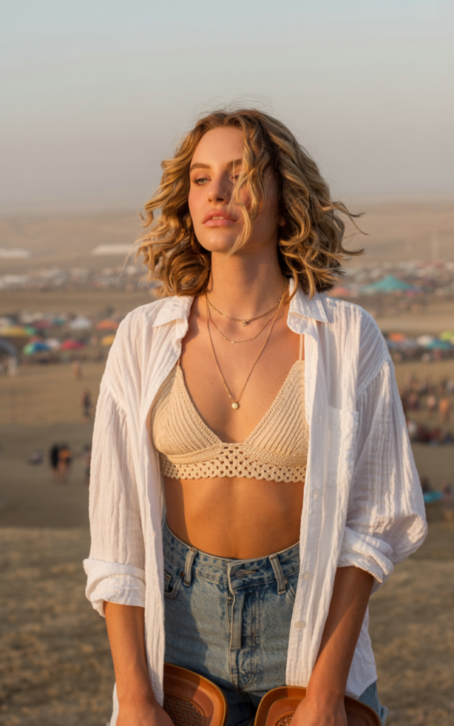 A natural-looking young beautiful woman wearing a cream crochet bralette, vintage-wash high-waisted denim shorts, an oversized white button-down worn open, worn-in ankle boots, layered delicate gold necklaces, and soft wavy hair with bronzed glowing makeup in a desert festival setting.