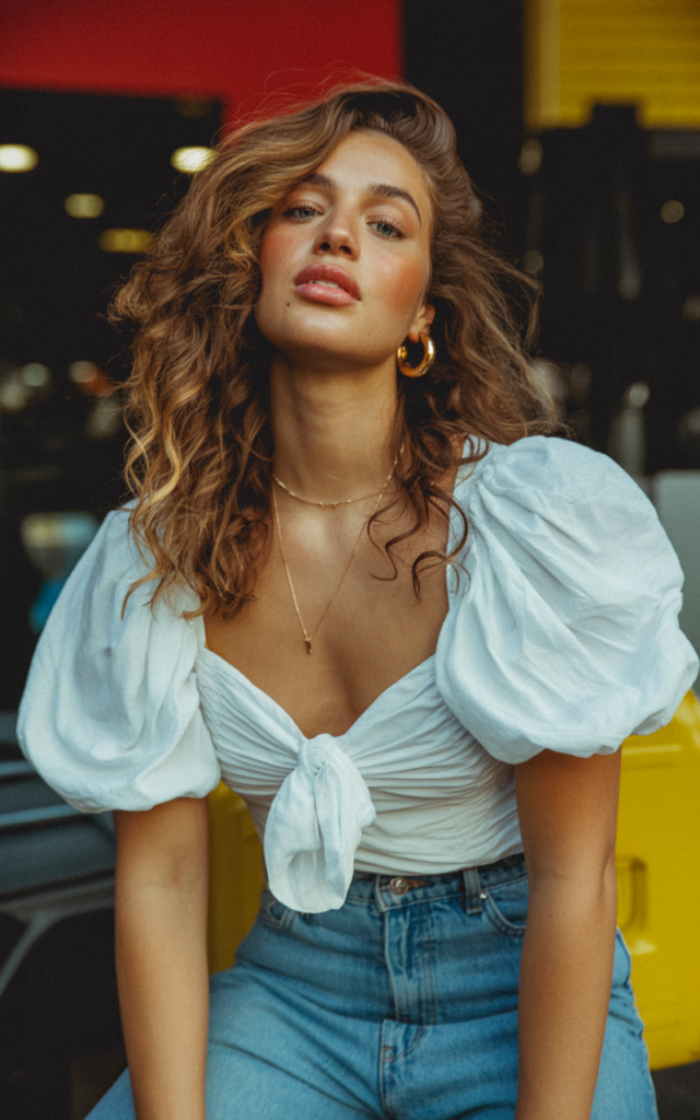 A natural-looking young beautiful woman wearing a white puff-sleeve romantic blouse front-tucked into high-waisted straight-leg blue jeans, delicate gold hoop earrings, a thin pendant necklace, ankle boots, loose wavy hair, and glossy lips, styled for a Lauren Spencer Smith concert.