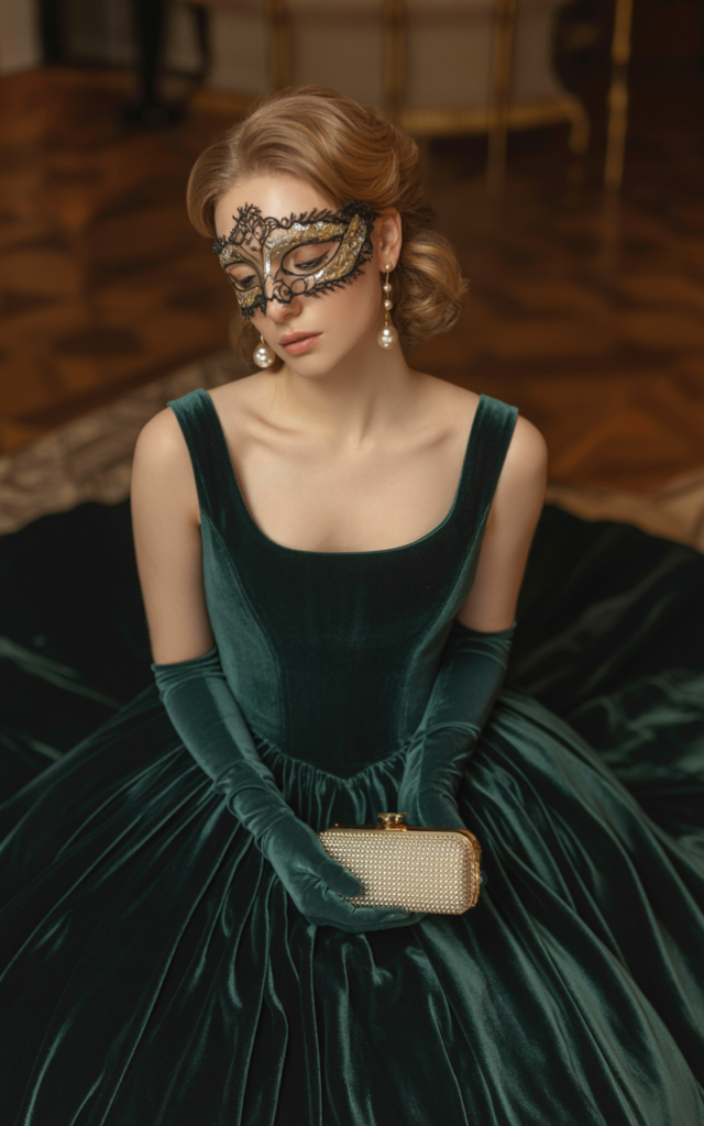 A natural-looking young beautiful woman wearing a deep emerald velvet ball gown with a structured bodice and full skirt, an intricate lace masquerade mask with subtle metallic accents, delicate drop earrings, a soft low bun hairstyle, satin heels, and holding a small elegant clutch.