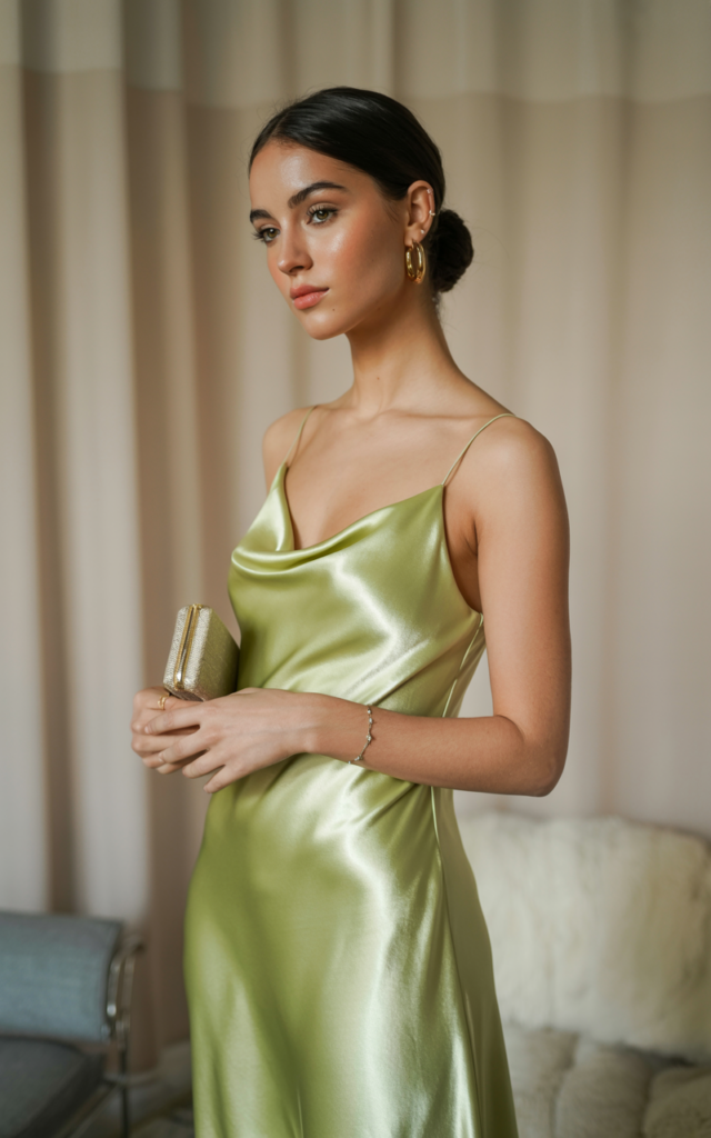 A natural-looking young beautiful woman wearing a sage green satin midi dress with delicate strappy heels, thin gold hoop earrings, a simple bracelet, a small clutch bag, and her hair styled in a sleek low bun.