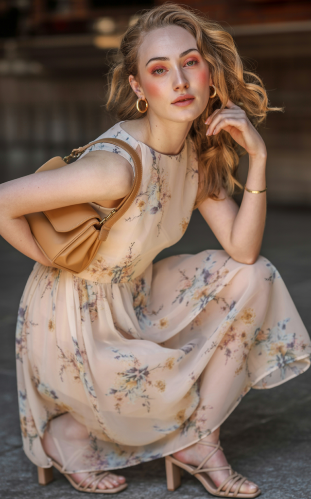 A natural-looking young beautiful woman wearing a light chiffon floral midi dress with a slightly cinched waist and soft A-line skirt, delicate strappy nude heels, a small shoulder bag, minimal gold hoop earrings, a thin bracelet, and soft wavy hair with rosy blush makeup.