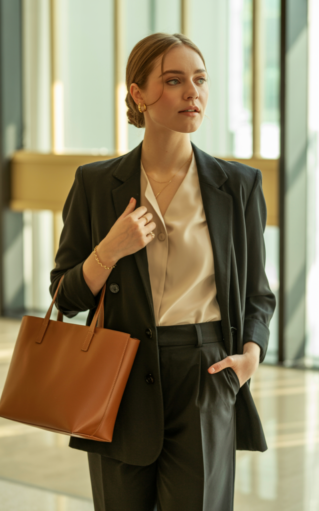 A natural-looking young beautiful woman wearing a tailored fitted blazer over a soft blouse tucked into structured high-waisted black trousers, pointed-toe flats, a structured leather tote bag, and minimal gold jewelry for a polished career fair look.