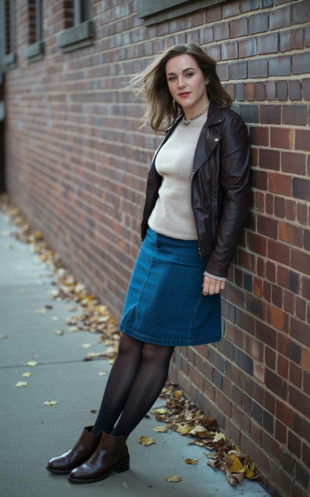 Add contrast with a leather jacket and denim skirt