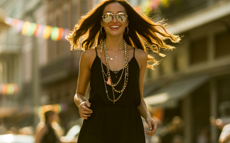 Add sparkle to a casual romper with bold accessories.