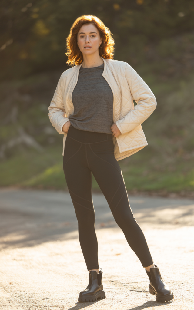 Add warmth with a quilted jacket and chunky boots