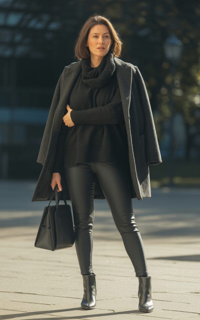 Build a monochrome black outfit with varied textures