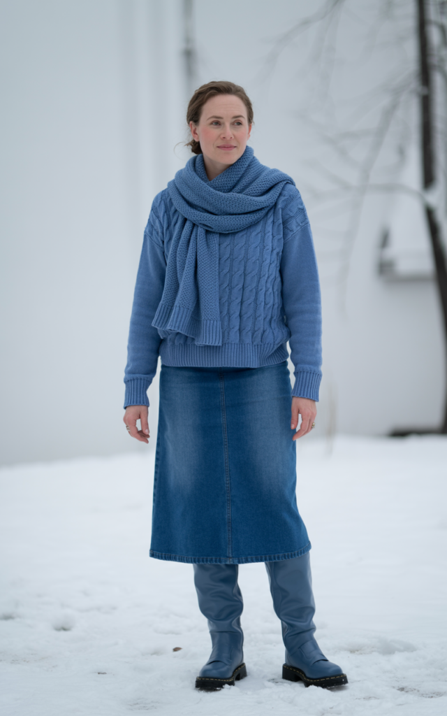 Build a monochrome outfit using denim and knits