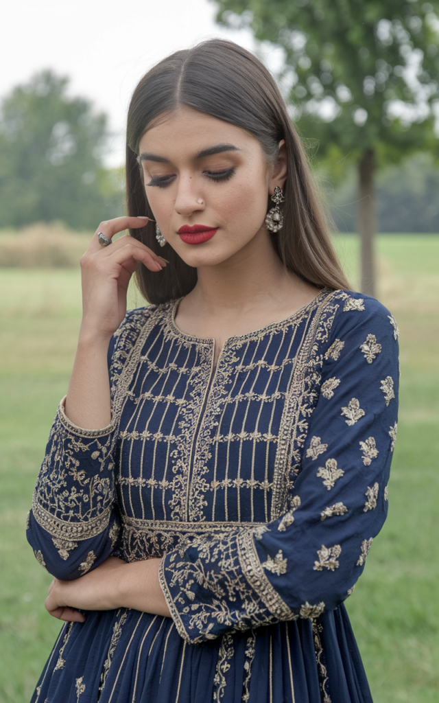 Choose a heavily embroidered anarkali with minimal styling